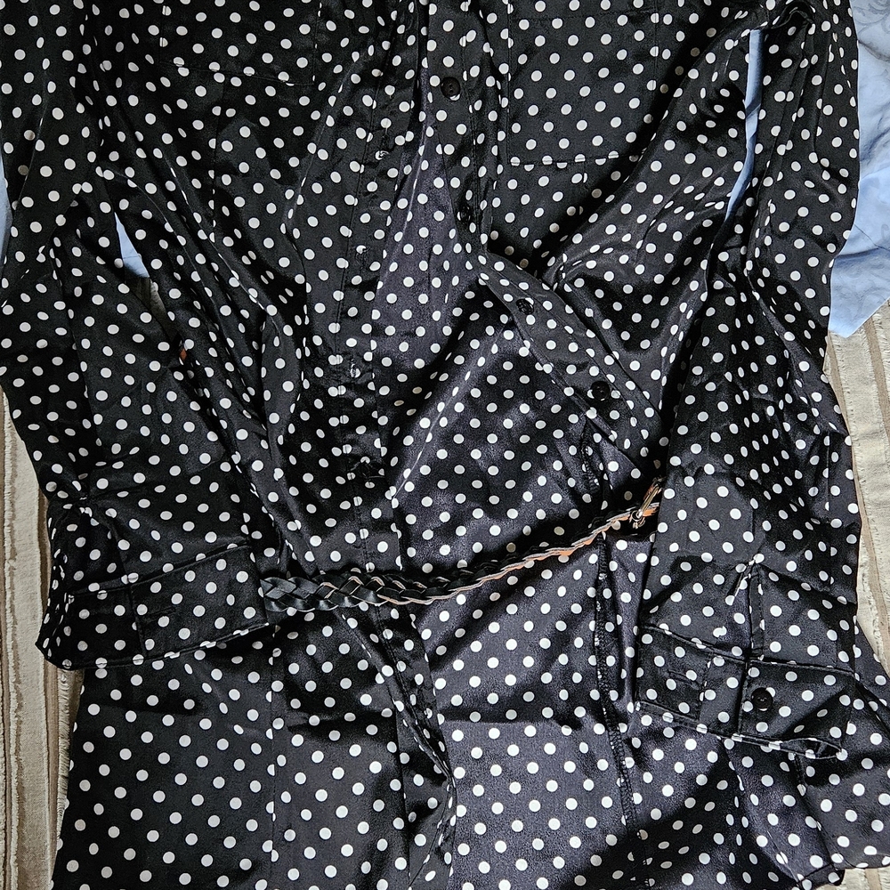FREE SHIPPING R & B Black White Polka Dot Button Front Blouse w/ Belt Size L